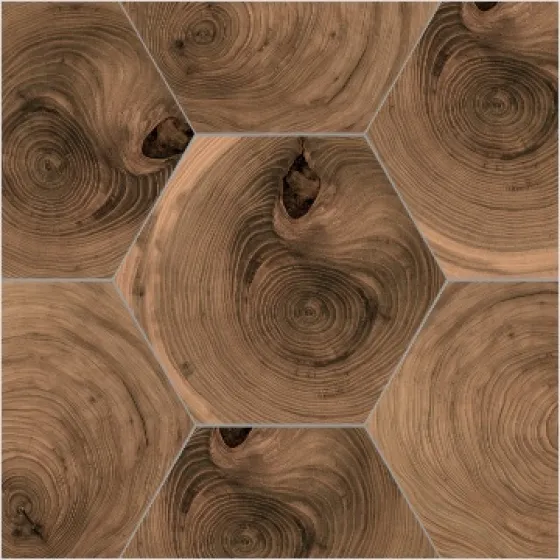 Brown hexagonal wood flooring tile with natural grain pattern on white background